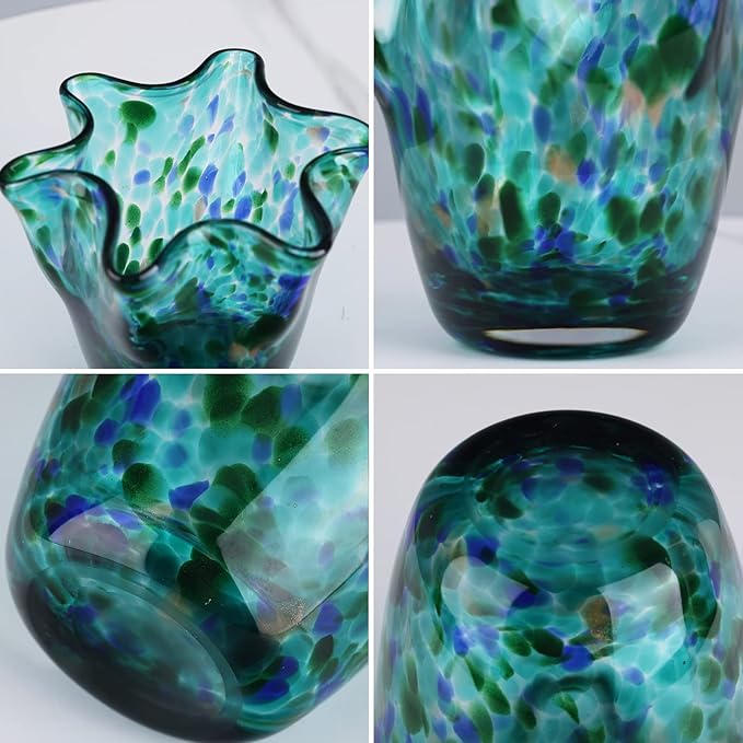 Hand-Blown Glass vase, Green Wide-Mouth Petal-Shaped vase, Modern Glass Art Decoration, Ideal for Living Rooms, Kitchens, Weddings, Dining Tables, and Office Centerpiece Floral Arrangements.