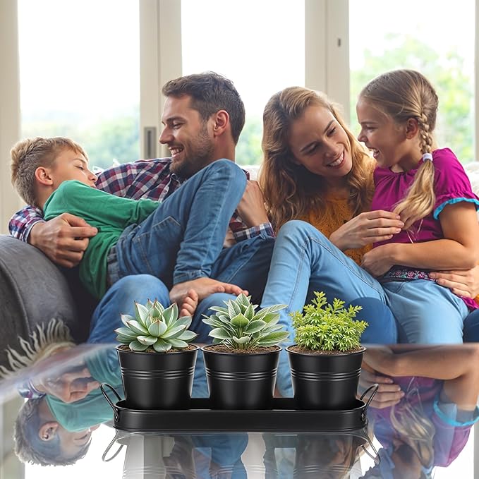 2 Sets Herb Planter with Tray Metal Herb Garden Planter with Drainage Farmhouse Windowsill Pots for Indoor Plants Flower Succulent Outdoor Kitchen Apartment Balcony Window (Black)