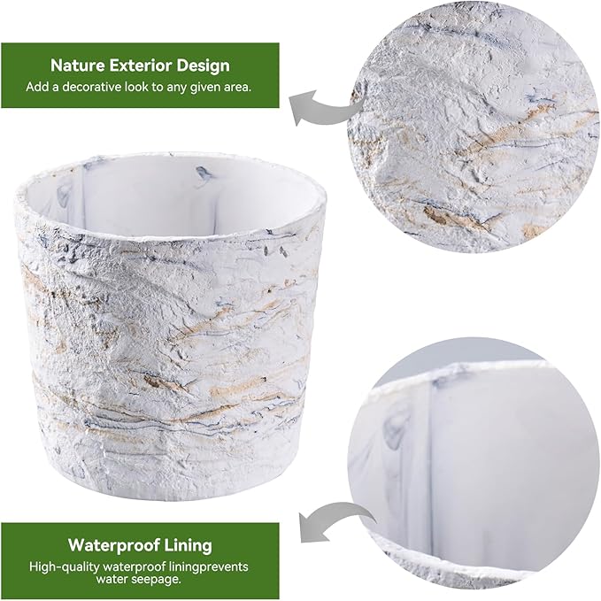 Ekirlin 7 Inch Natural Ore Textures Plant Pot, Resin Outdoor Planters with Drainage Hole, Removable Rubber Stopper and Non-Slip Soft Pad,Weatherproof Decorative Pot for Indoor/Garden Plants