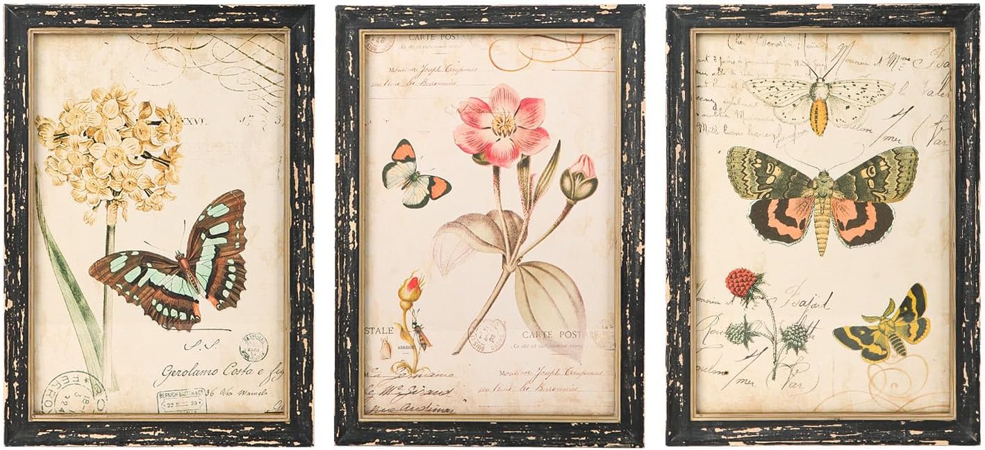 NIKKY HOME Set of 3 Vintage Butterfly Wall Art Poster Print Rustic Botanical Picture Decor Floral Plant Wooden Framed Plaque Sign for Bedroom Living Room Office Classroom