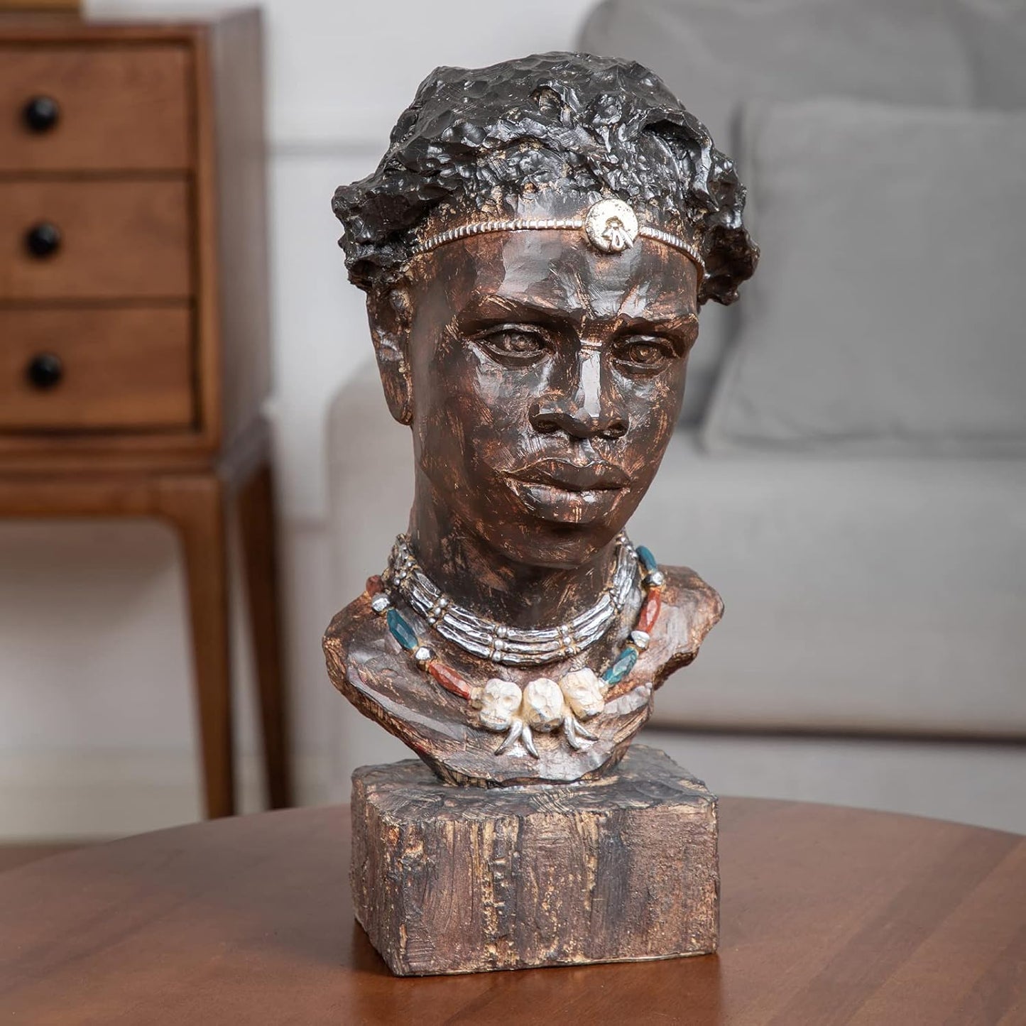 Leekung African Statues and Sculptures for Home Decor,African Figurines Head Statue Decorations for Home,African Art Sculptures Man Statue Decor for Living Room Woodstone Color