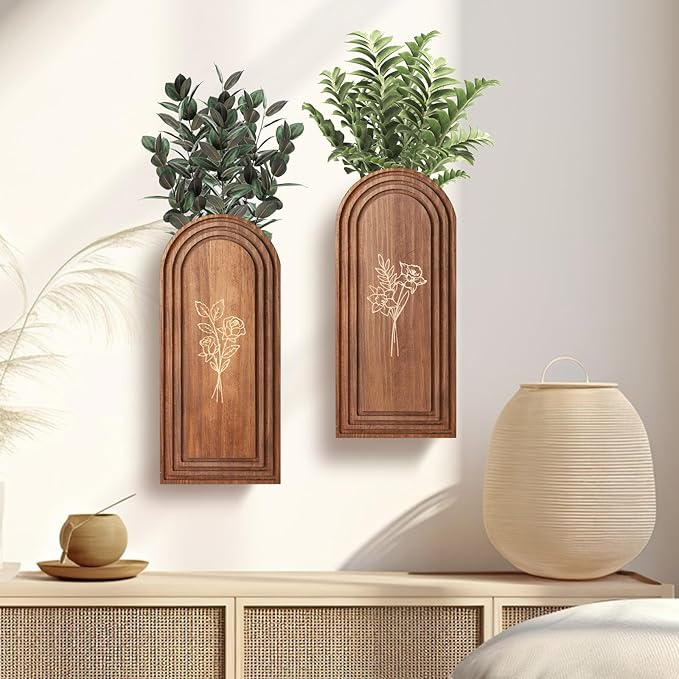2 Pack Wooden Wall Vase Set, Farmhouse Modern Boho Pocket Vases Planter Wall Decor for Living Room, Bedroom, Entryway, Hallway, Dining Room, Narrow Spaces
