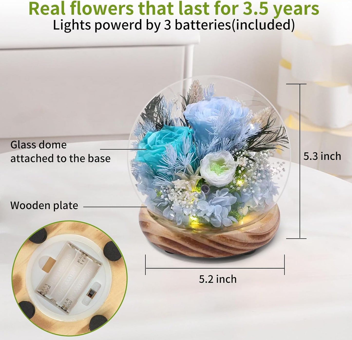Long-lasting real flowers，Preserved Rose in Glass Dome with Hydrangea and LED Light，Roses Gifts for Women Mom Her Grandma on Mothers Day Birthday Valentines Day Christmas Thanksgiving(Aqua&Blue Rose)