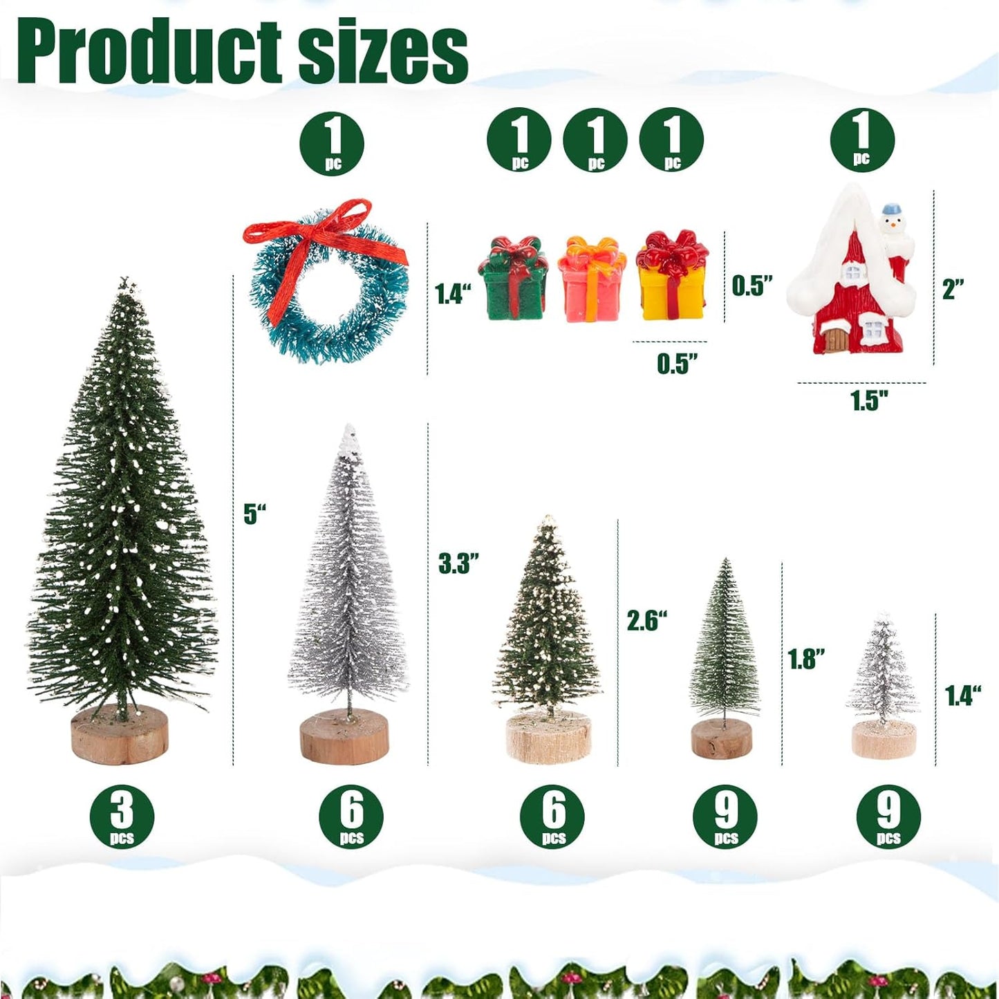 LOVEINUSA 48PCS Mini Bottle Brush Trees and Resin Miniatures for Tabletop Decor - Winter Ornaments and DIY Crafts