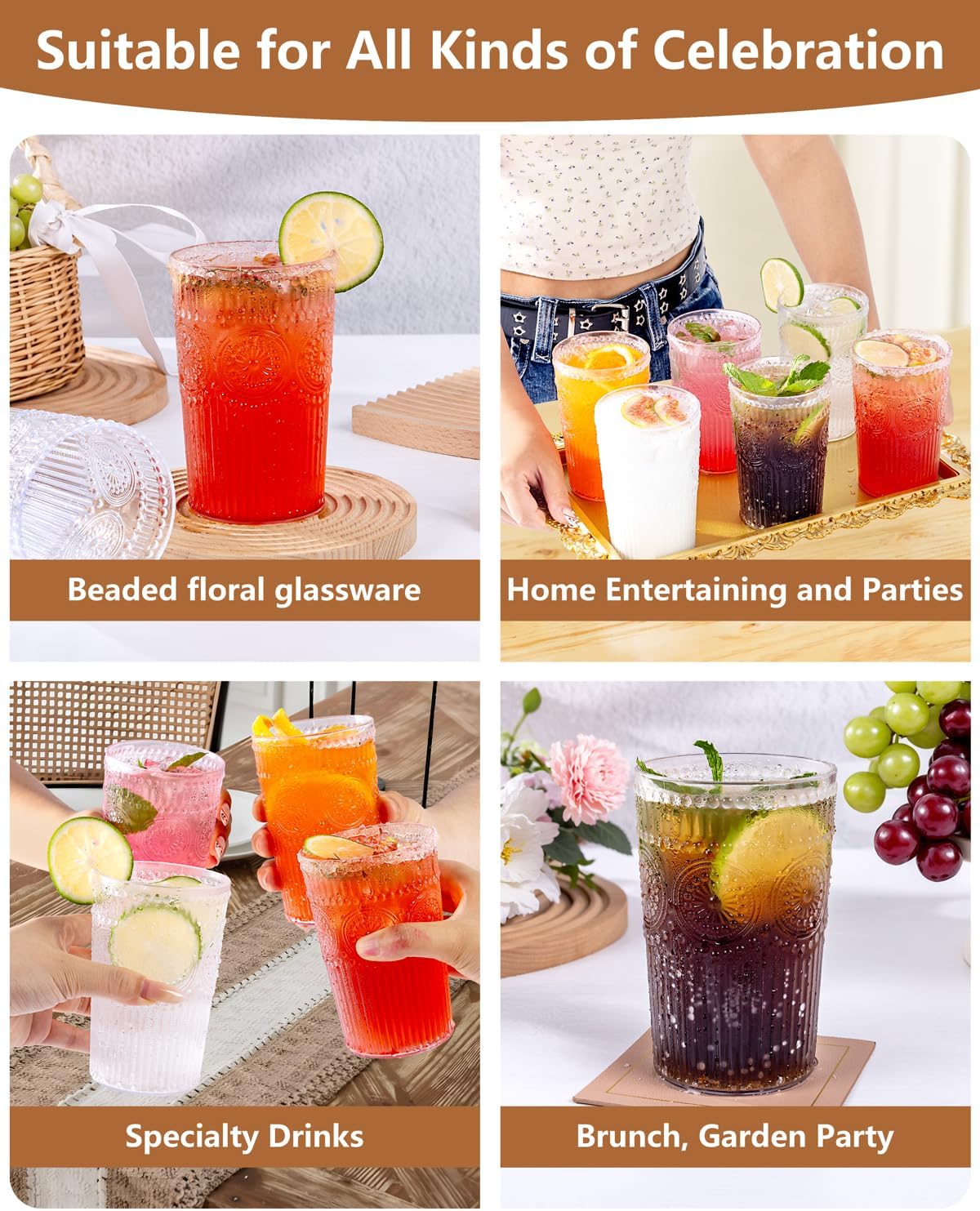 Ciaell 12 Pack Romantic Plastic Water Glasses - 14 Oz Clear Vintage Drinking Glasses, Embossed Ribbed Plastic Cups, Textured Striped Drinkware Set for Juice, Beverages, Beer, Cocktail