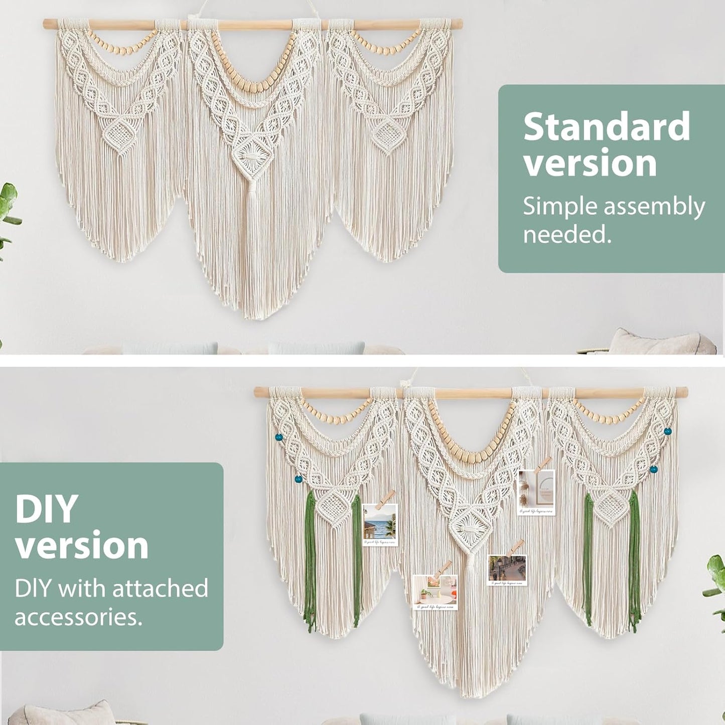 Gliterra Large Macrame Wall Hanging Handmade Boho Tapestry 43"x32" - Wall Art Decor with Wooden Beads & Rod for Living Room, Bedroom, Wedding (Includes 3-Color Beads, Clips & Green Cotton Rope)