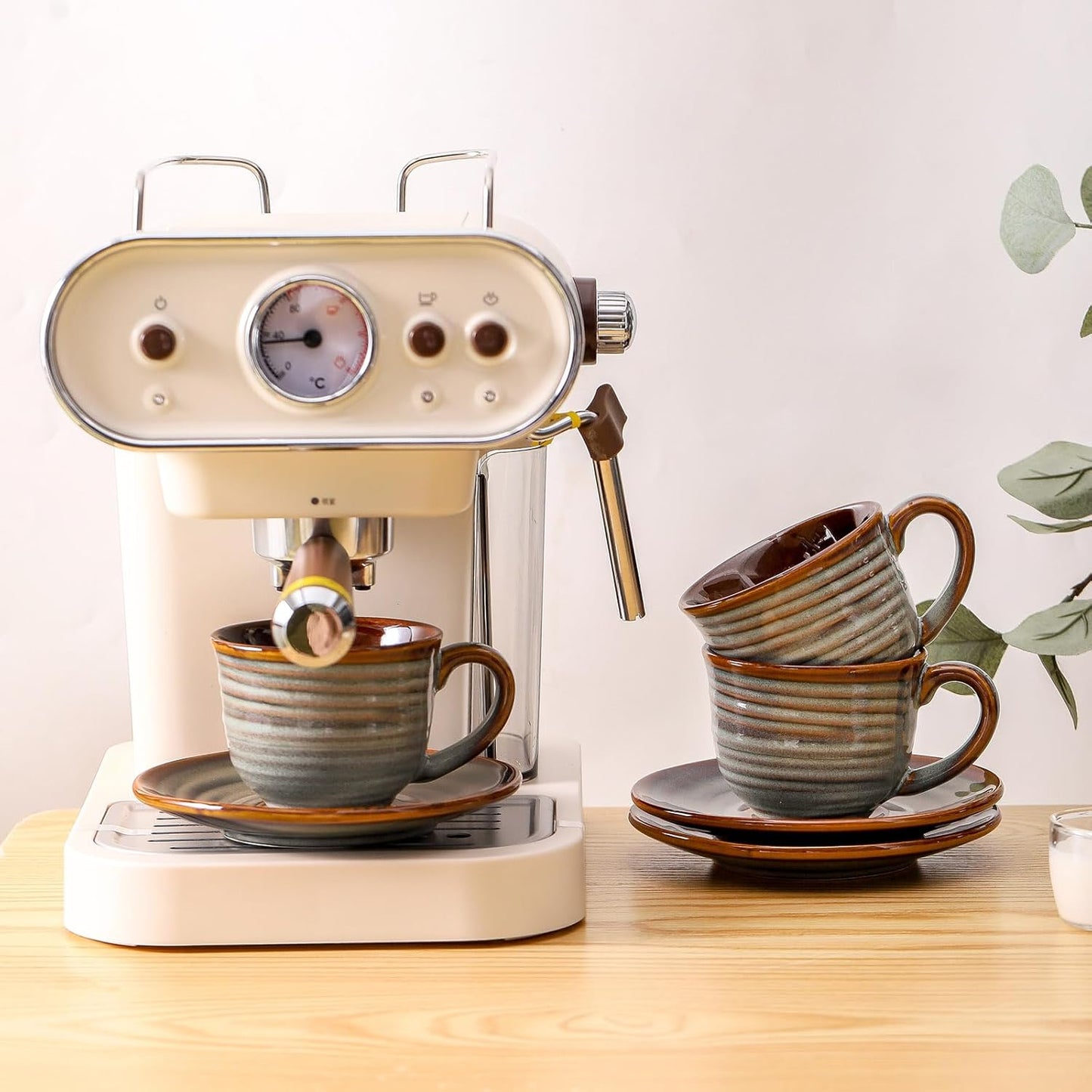 Hasense Ceramic Tea Cups and Saucers, 8oz Cappuccino Cups Set of 4, Espresso Coffee Mugs for Home and Office, Perfect for Coffee, Cappuccino, Latte, Americano, Milk and Tea - Grey Brown