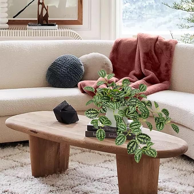 Fake Hanging Plants, 20 Inch Artificial Ivy Plant in Ceramic Pot Faux Watermelon Peperomia Trailing Vine Plant Potted for Home Bedroom Office Table Shef Desk Indoor Outdoor Decor Green