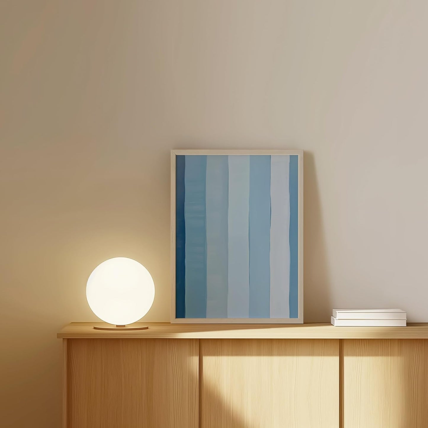 HAUS AND HUES Modern Abstract Wall Art - Blue and Green Living Room Art, Modern Artwork for Walls, Minimalist Picture for Living Room(Painted Stripes, White Frame, 12x16)