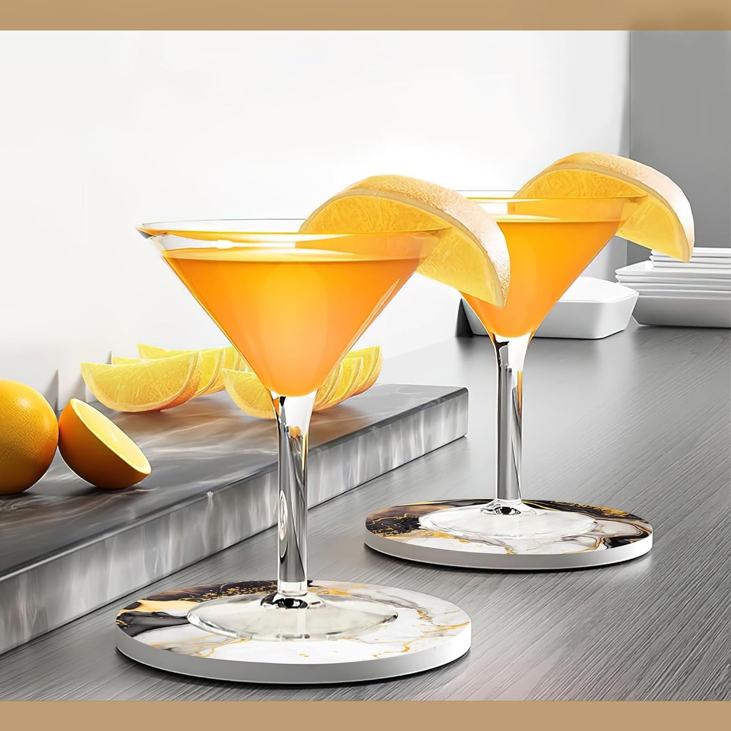 Black Gold Marble Ceramic Coaster Set of 6, Water-Absorbent Beverage Pads for Dining Table Decor & Glass Protection