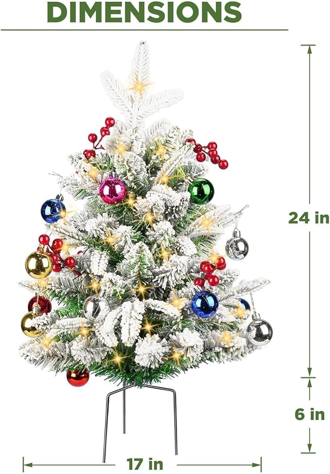 24'' Mini Artificial Christmas Tree with LED Lights and Faux Berrys, Pre-Lit Snow Flocked Xmas White Trees, Christmas Porch Decorations Small Fake Trees for Outdoor, Home, Porch & Yard - Set of 2