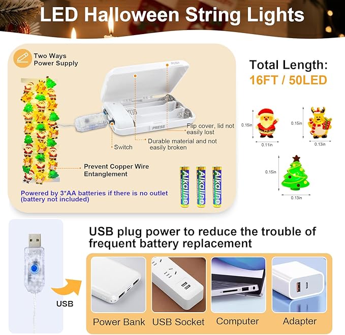 ZGWJ Christmas String Lights with Timer, 2 Pack Xmas Trees-Reindeer-Santa Claus 50LED 16FT Twinkle Fairy Lights 8 Modes for Bedroom,Christmas Parties Decoration Indoor and Outdoor