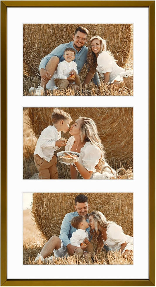 Frametory - 8.5x16.3 Aluminum Collage Picture Frame - Display 5x7 Pictures with 3 Openings Mat - Real Glass Front - Horizontal/Vertical Wall Mount - Bronze 1 Pack
