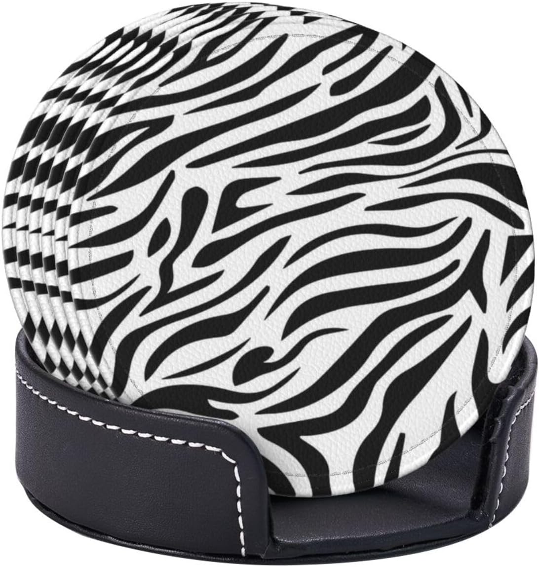 Drink Coasters with Holder Stand Set of 6, Zebra Stripes Print Pu Leather Absorbent Coasters with Cork Base Table Round Coaster for Housewarming Apartment Kitchen Bar Decor
