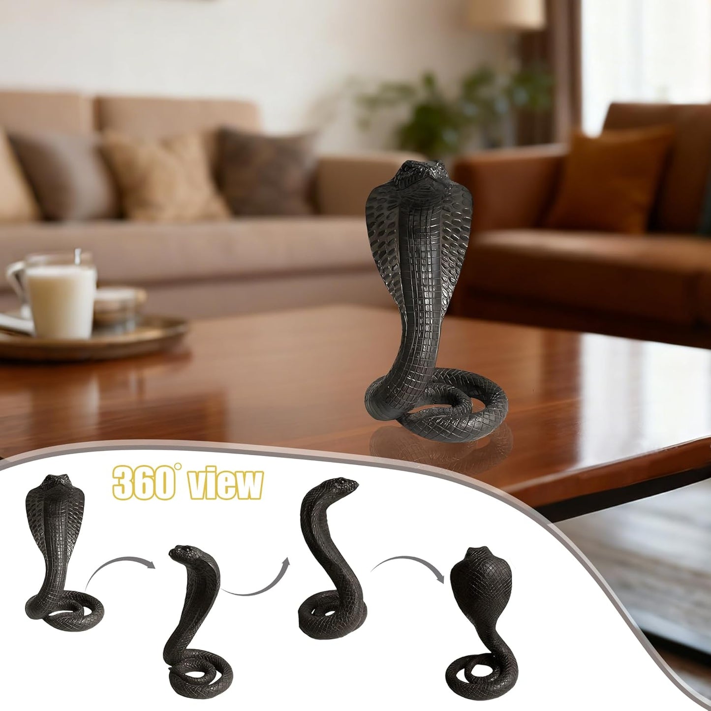 King Cobra Snake Statue Realistic Snake Resin Figurine Handcrafted, Indoor/Outdoor Animal Ornaments for Home Office Garden Yard Decor, Unique Gift for Collectors, Black