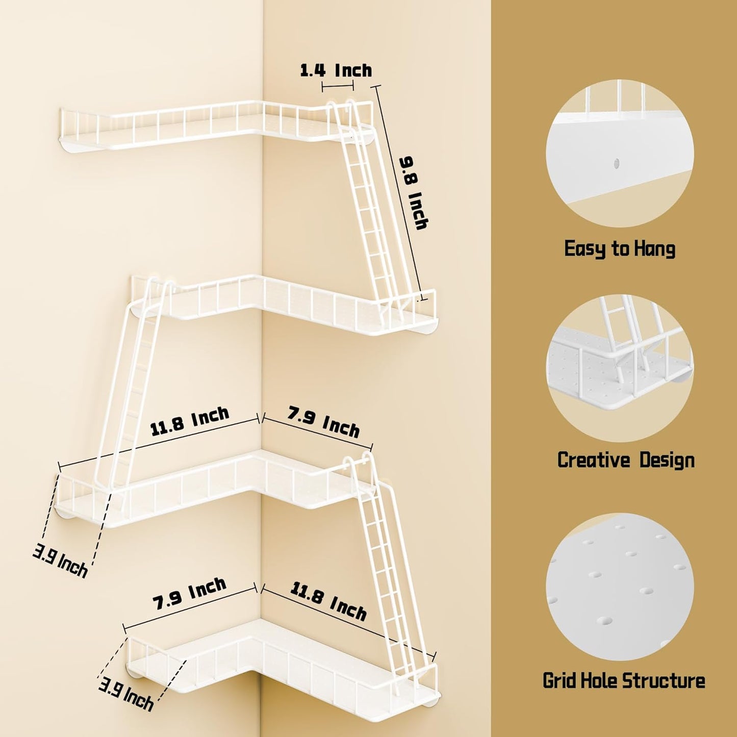 Fire Escape Wall Shelf - Modern City Style 4-Tier Corner Wall Shelves, Easy to Install Metal Ladder Shelf for Figures, New York Decorative Shelves for Bathroom, Living Room & Home Decor,White