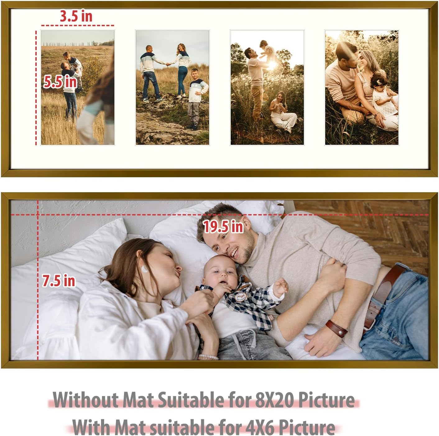 Frametory - 8x20 Aluminum Collage Picture Frame - Display 4x6 Pictures with 4 Openings Mat - Real Glass Front - Horizontal/Vertical Wall Mount - Bronze 1 Pack