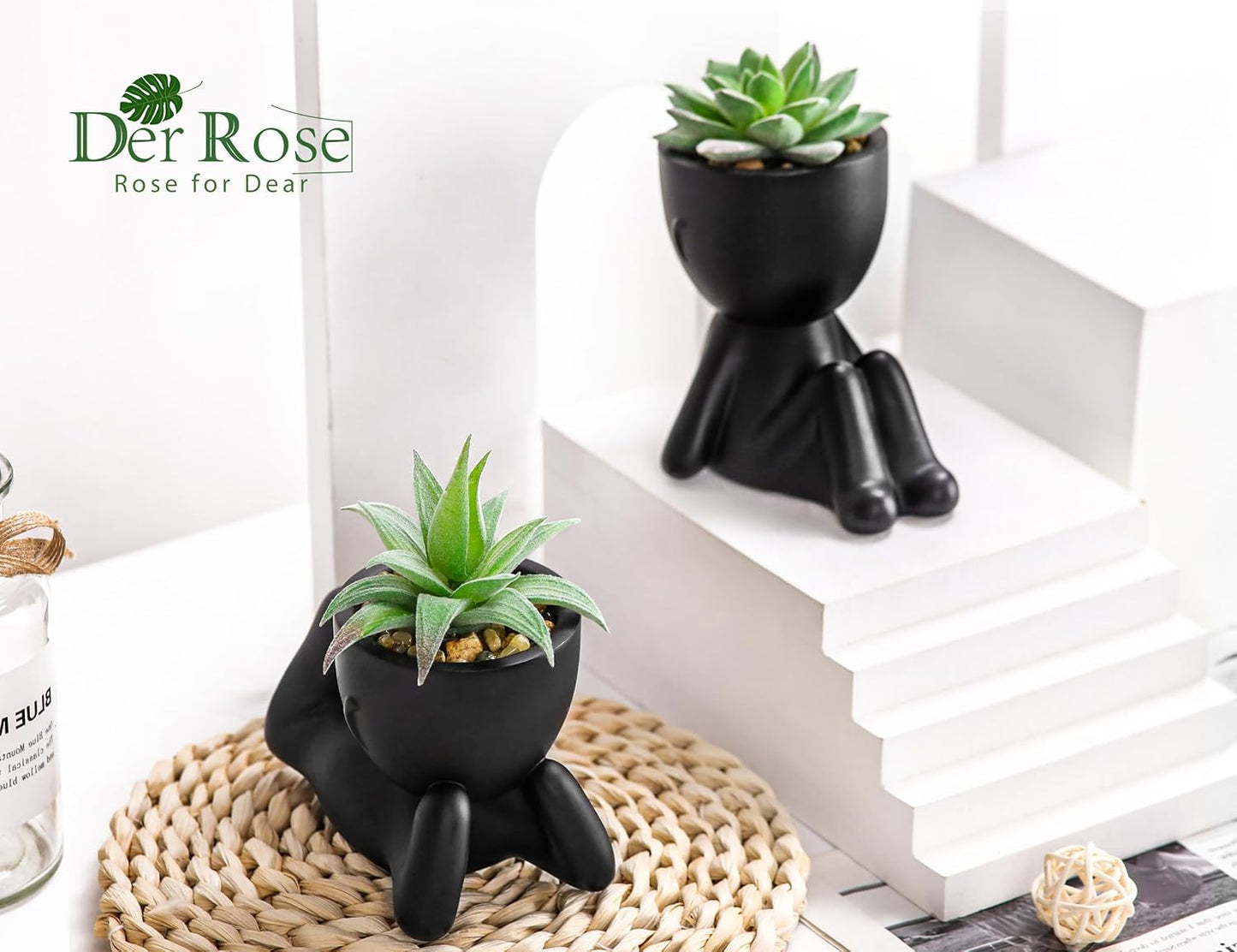 Der Rose Set of 2 Fake Plants Artificial Succulent Plants for Office Desk Accessories Black Bathroom Home Room Aesthetic Decor Indoor