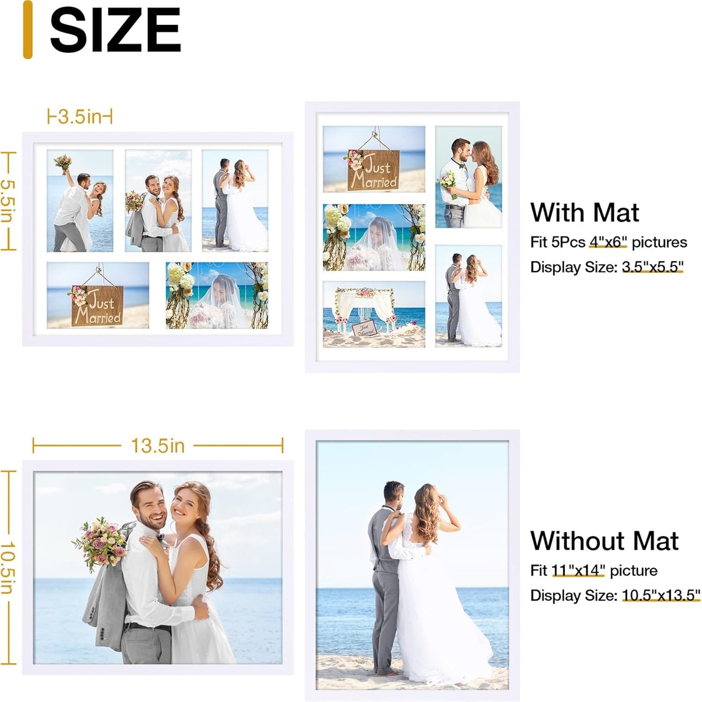 decorUhome 11x14 Picture Frames Collage Wall Decor, Display 5Pcs 4x6 Photos with Mat or 1Pcs 11x14 Unmatted, 5 4x6 Collage Picture Frames for Wall Mounting, White