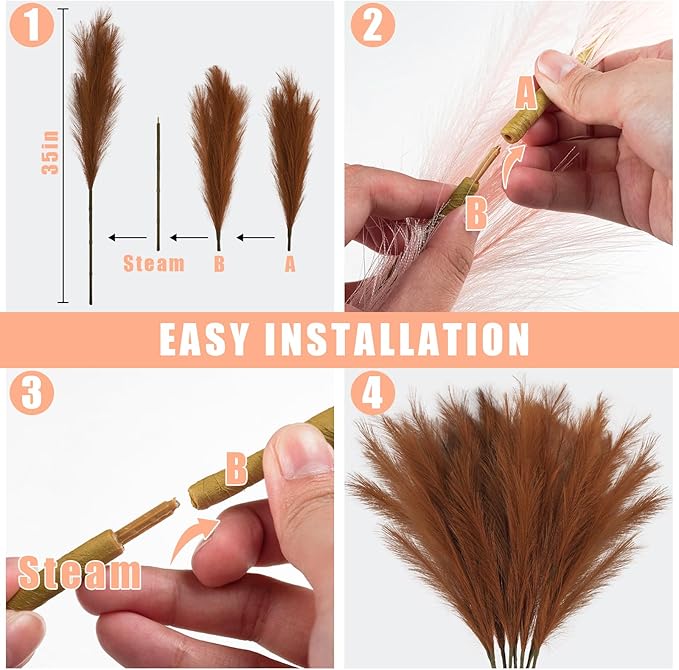 35" Faux Pampas Grass Decor, 8pcs Large Tall Fluffy Artificial Pompous Grass Branches Floral Fake Pompas Grass Bulrush Floor Vase Filler Flower Arrangement for Home Wedding Boho Decor, Brown