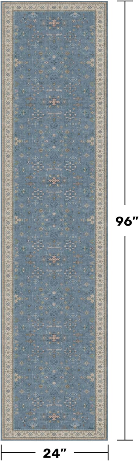 Light Blue 2x8 Long Washable Runner for Hallway - Boho Non Slip Door Mats Indoor Entrance, Vintage Floral Runner Rugs for Kitchen Non Skid, Low Pile & Soft Indoor Décor