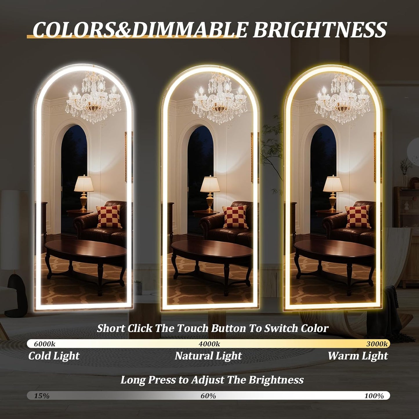 LED Arched Full Length Mirror with Lights 65"x26" - Lighted Floor Mirror with Dimming & 3 Color Lighting, Aluminum Frame Standing Leaning or Hanging for Bedroom Cloakroom White