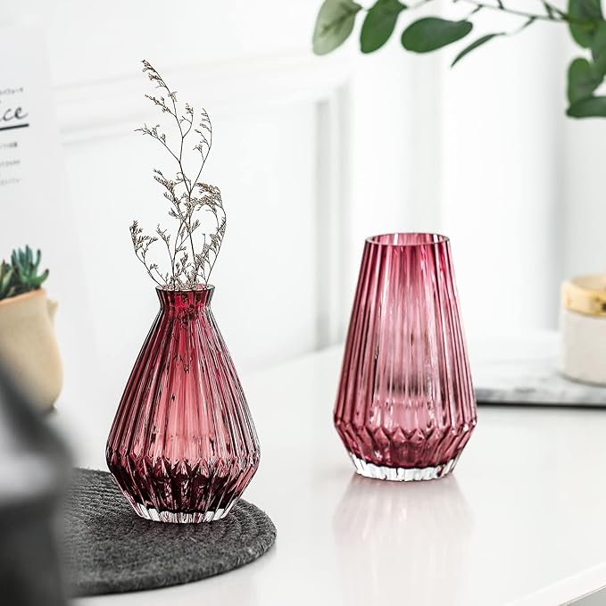 G Fusuma Red Glass Flower Vase for Table Centerpiece, High-Grade Decorative Flower Vase for Bouquets,Mantel and Shelf Display, Dining Table Centerpiece, Living Room Office Decoration, 6" Tall