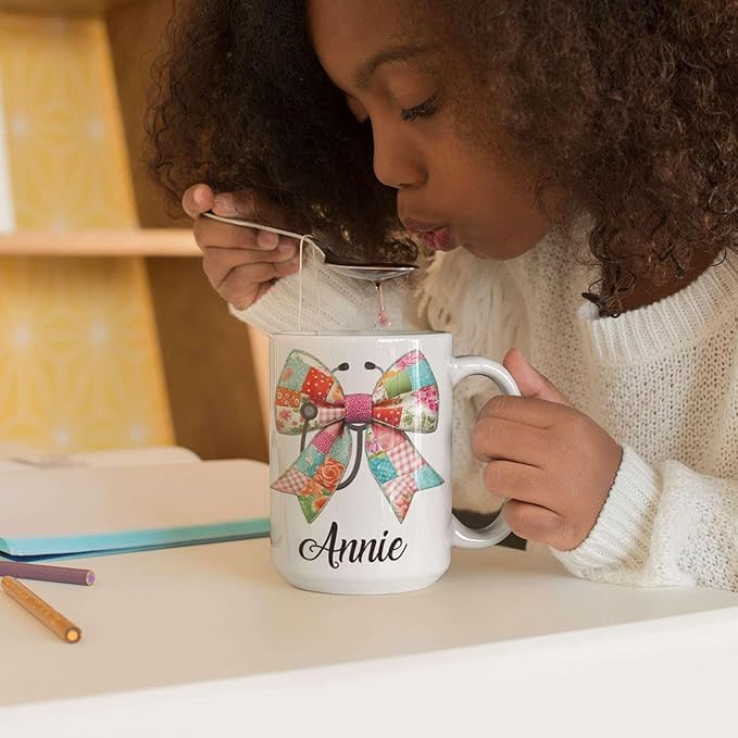 Unique Custom Name Coffee Mug 11oz 15oz, Floral Patchwork Bow White Cup, Personalized Bow with Stethoscope Ceramic Cup, Gifts for Nurses, Custom Vintage-Inspired Mug for Holiday