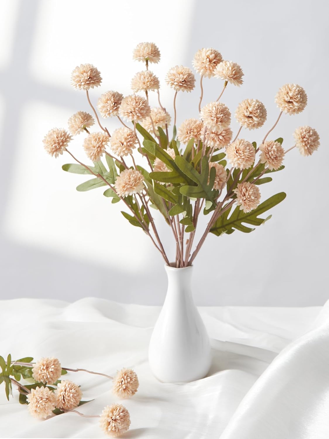 InnoGear Silk Flowers Pompon Mums Artificial Flowers, 5pcs 25 Heads Fake Mini Chrysanthemums with Long Stems Bulk Faux Kiku Flower for Decoration Memorial DIY Wedding Bouquets Centerpieces, Beige