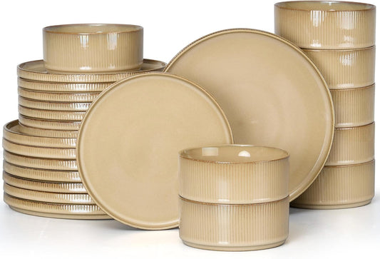E-far 24-Piece Stoneware Dinnerware Sets, Plates and Bowls Sets for 8, Kitchen Modern Dinning Porcelain Dishes Set, Chip & Scratch Resistant, Dishwasher & Microwave Safe, Caramel Khaki