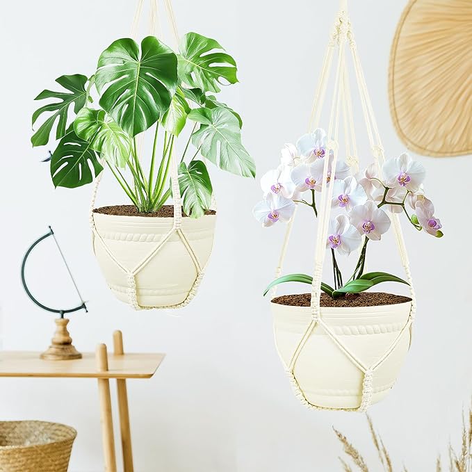 FGSAEOR Macrame Plant Basket Indoor Outdoor, Hanging 3-15 inch Pot, Bearing 20lb Planters, DIY Handmade Hanging Planter Holder, 35-Inch Extra Long Strong Boho Home Décor (2-Pack) (Ivory)
