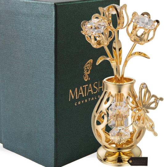Matashi 24K Gold Plated Crystal Studded Flower Ornament in a Vase with Decorative Butterfly – Elegant Tabletop Showpiece Unique GIF for Mom, Wife, Grandma – Mother’s Day, Birthday