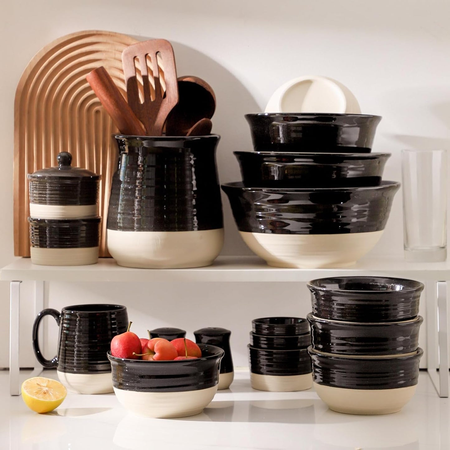 HASENSE Ceramic Soup Bowls and Cereal Bowls, 20 OZ Bowls for Kitchen Set of 6, Stackable Bowls Set for Ramem, Salad, Oatmeal, Rice, Snack, Dishwasher Microwave Safe, Black