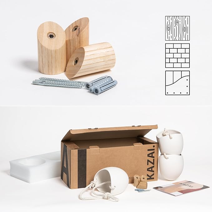 Kazai.® | Porcelain Wall Vases | 3 Piece Set | Including Wooden Hooks | Matte White