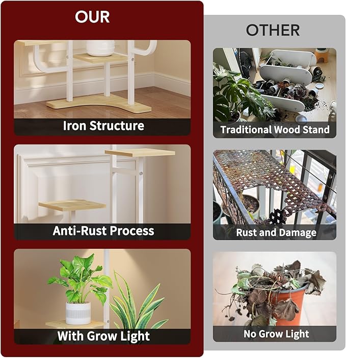 Corner Plant Stand with Grow Light - 6 Tier Plant Stand Indoor Square Metal Plant Shelf with Adjustable Light, Plant Organizer for Living Room, Graden, Home Decor (Maple)