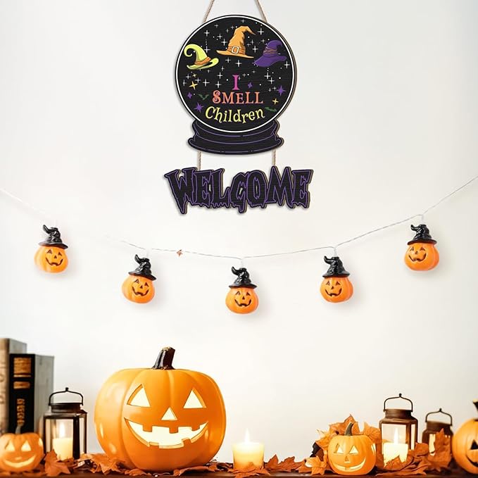 Welcome Halloween Door Sign,I Smell Children Sign,Hocus Pocus Halloween Decoration,Witches Door Decor Magic,Purple Crystal Ball Witches Wall Decor for Outdoor Indoor Home Porch Yard Party