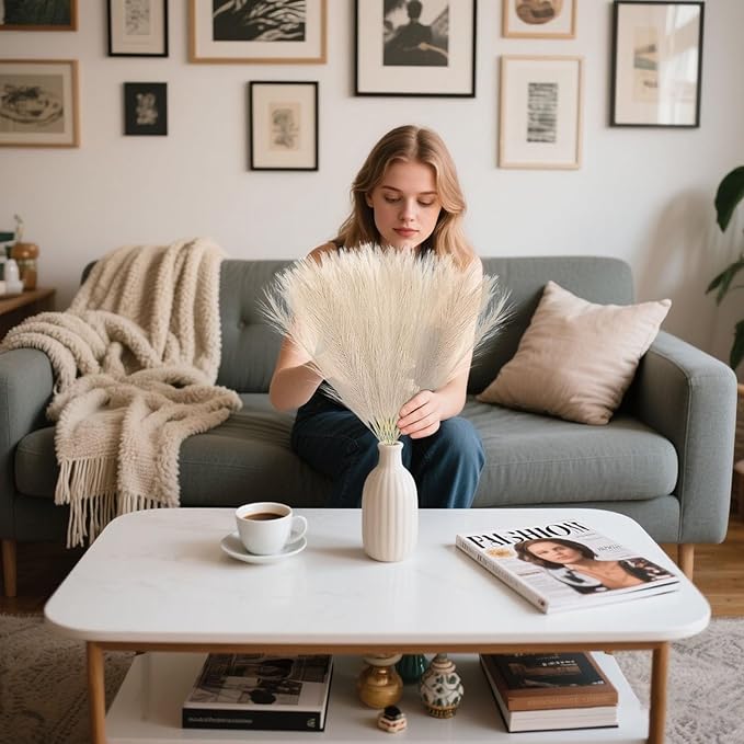 30 Pcs Light Coffee Faux Pampas Grass, 17 Inches Artificial Pampas Grass Bulk, Short Fluffy Faux Pompas for Vase Filler, Home Boho, Wedding Anniversaries, Baby Shower Decoration