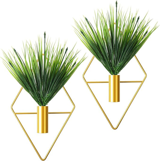 2 Pieces Gold Wall Decor Hanging Planters with Artificial Plants Metal Vase Indoor Plants Holder Modern Geometric Wall Art for Home Bathroom Bedroom Living Room Office(Aquatic Plant,Small)