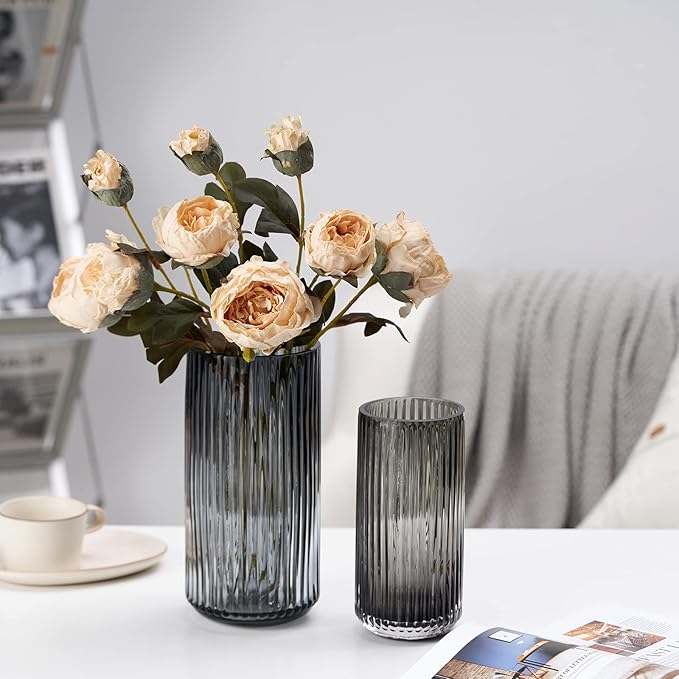 Flower Vase 9.5 inch Grey Thickened Hand Blow Glass Vase Round Vintage Striped Bottles for Bookshelf,Dinner Table,Indoor Office Desktop,Meeting Room,Bathroom,Countertop,Home