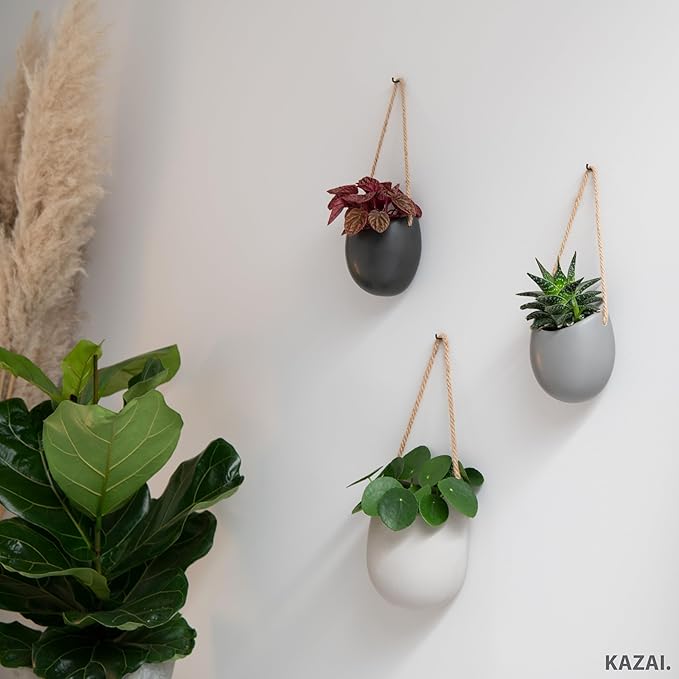 Kazai. Wall Planters -Ellie- | Hanging Ceramic Plant Pots 3 Pieces | Wall Decoration for Indoors, Balcony and Garden | Graphite (Matte)