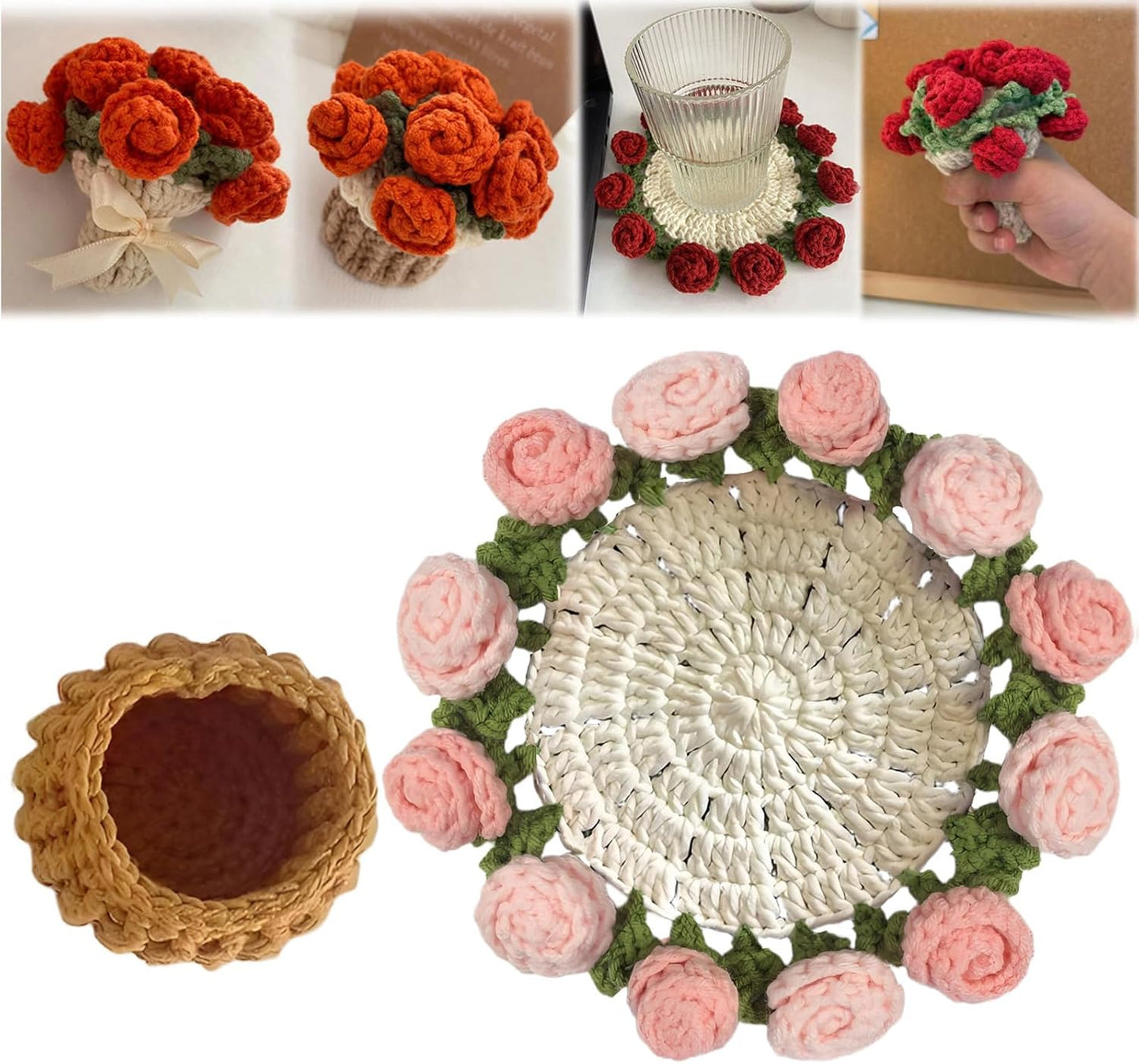 Crochet Flower Bouquet Blanket Coasters, Handmade Knitted Finished Rose Tabletop Potted Flowers,Crochet Rose Romantic Knitted Gift for Girls Mom for Birthday,Anniversary,Valentines,Home Decor,Pink