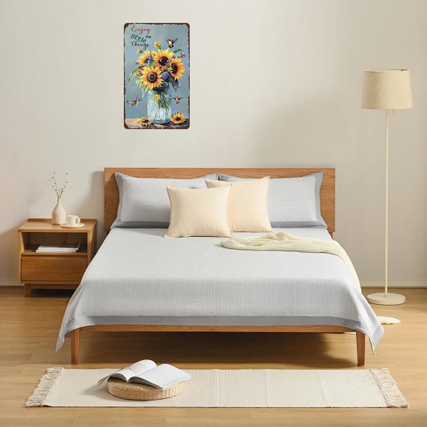 Enjoy The Little Things Sunflowers And Hummingbird Metal Sign Vintage Tin Sign Funny Wall Decor for Garden Kitchen Backyard Bedroom Home 12×8 Inch