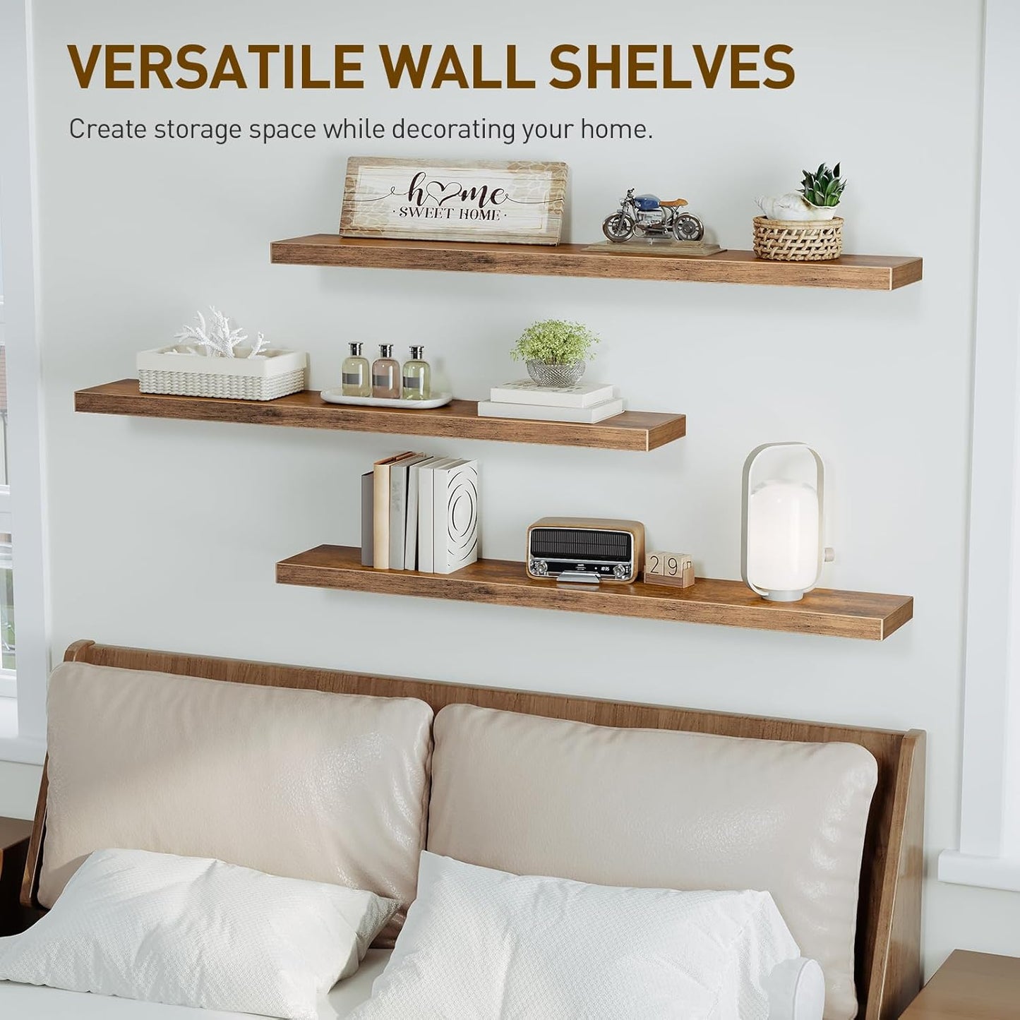Floating Shelves for Wall, 1.5" Thick Wall Shelf Set of 3 with Invisible Bracket, L47.2 x W7.9 Hanging Shelves Farmhouse Home Decor for Bathroom, Living Room, Bedroom, Rustic Brown 12301BJP3BF