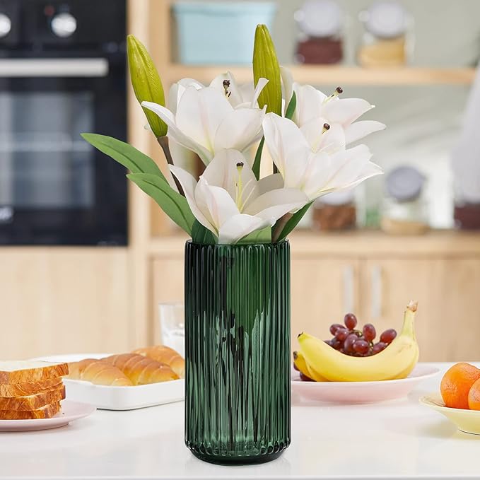 Flower Vase 7.5 inch Green Thickened Glass Vase for Bookshelf,Dinner Table,Indoor Office Desktop,Meeting Room,Bathroom,Countertop,Home Christmas Day Decoration