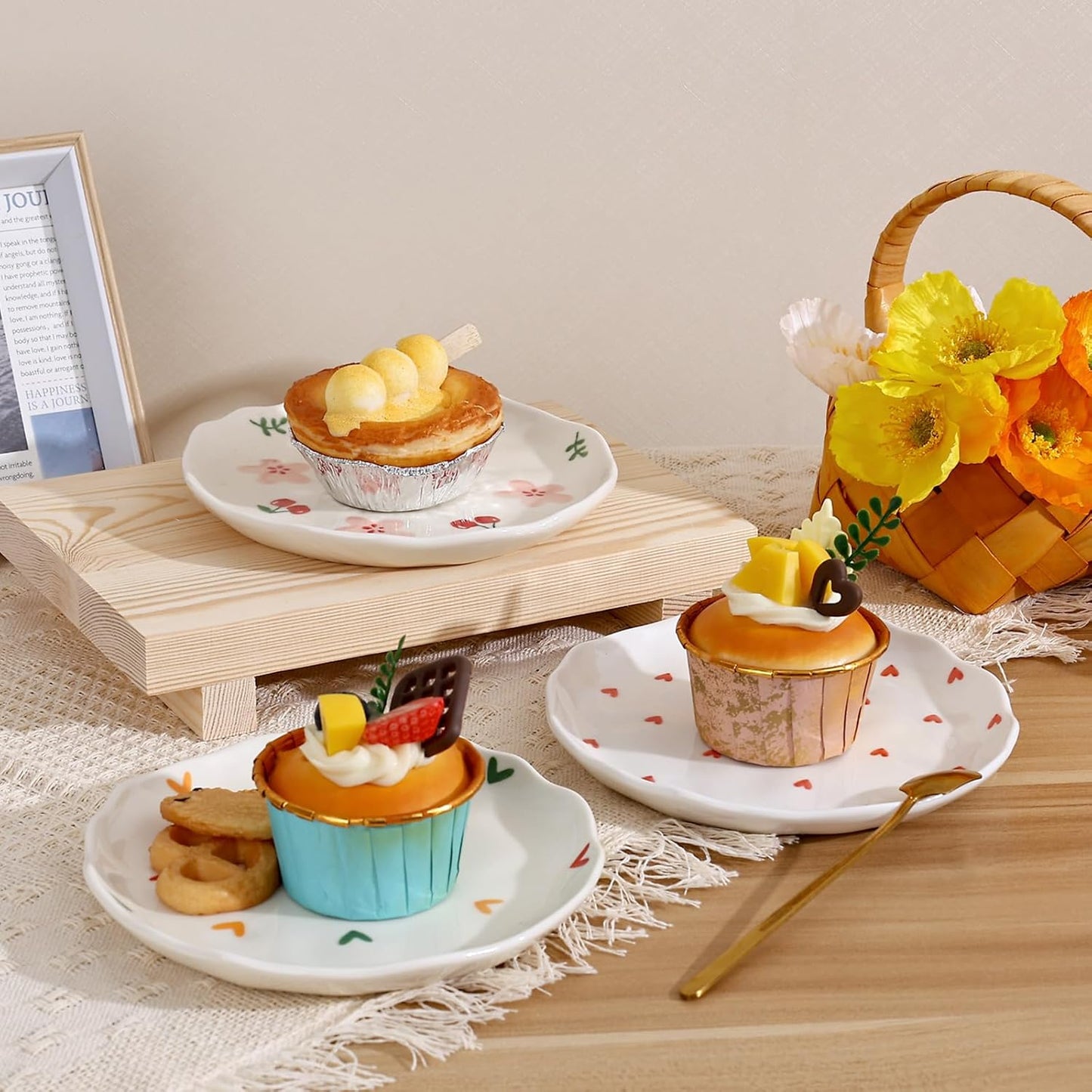 Koythin Ceramic Dessert Plates, Cute Fruits Dinner Plate, Creative Plates Design, Printed Flowers Dinnerware for Office and Home, Kitchen Plates for Desserts (Pink Cherry Flowers)