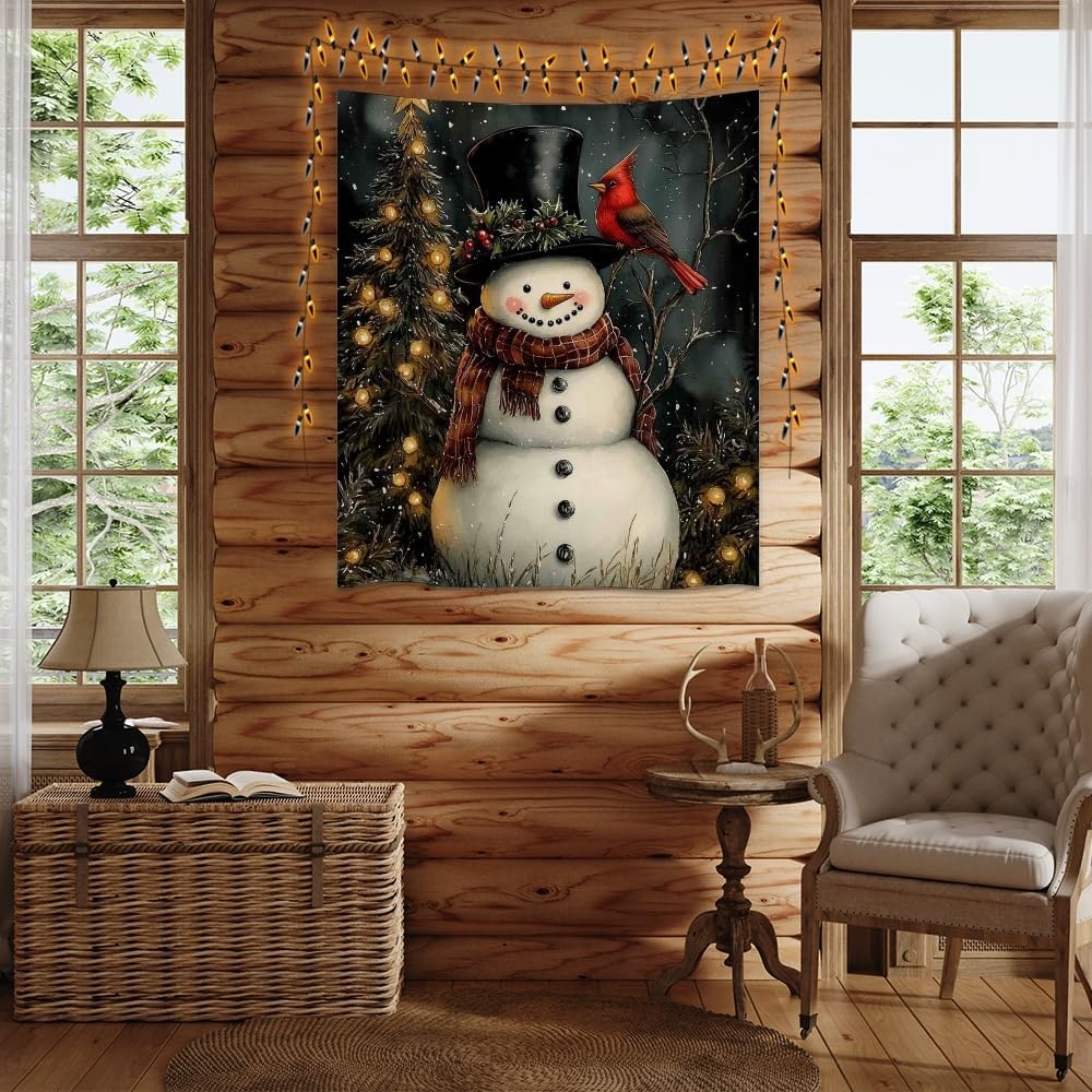 Medpol Christmas Snowman Wall Tapestry Vintage Sparkling Christmas Tree Wall Hanging Winter Cardinal Tapestries for Farmhouse Holiday Decor Apartment Dorm Aesthetic 40x60inch