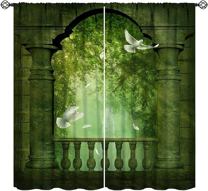 Gothic Blackout Curtains，Fantasy Ancient Balcony Doves Pattern Drapes Window 2 Panel Rod Pocket Curtain for Bedroom Living Room Decor 36" W X 63" L