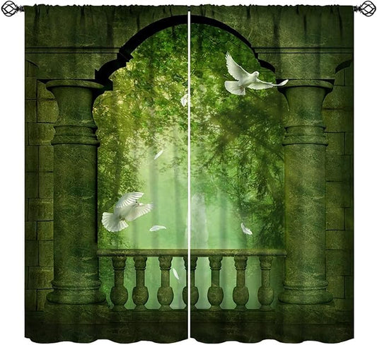 Gothic Blackout Curtains，Fantasy Ancient Balcony Doves Pattern Drapes Window 2 Panel Rod Pocket Curtain for Bedroom Living Room Decor 36" W X 63" L