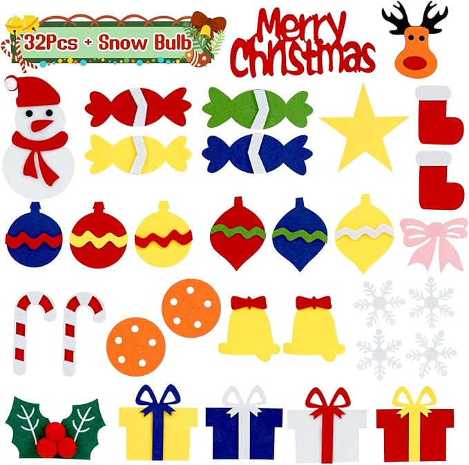 YEAHBEER Felt Christmas Tree for Kids, 3.2FT Felt Christmas Tree for Toddlers, 32 Detachable Ornaments, Toddlers Wall Hanging Decorations, Luminous Snowflake Bulb, DIY Felt Xmas Decor