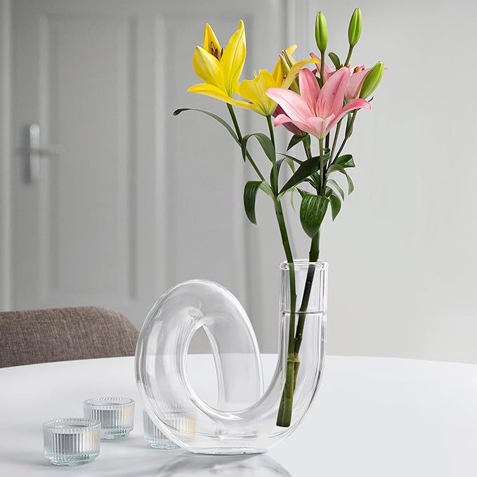 Joeyan Handmade Small Glass Flower Vase,Decorative Geometric Glass Bud Vase for Modern Home Centerpieces Living Room Office,4.72" Abstract Clear Vase for Single Flower and Dry Flowers